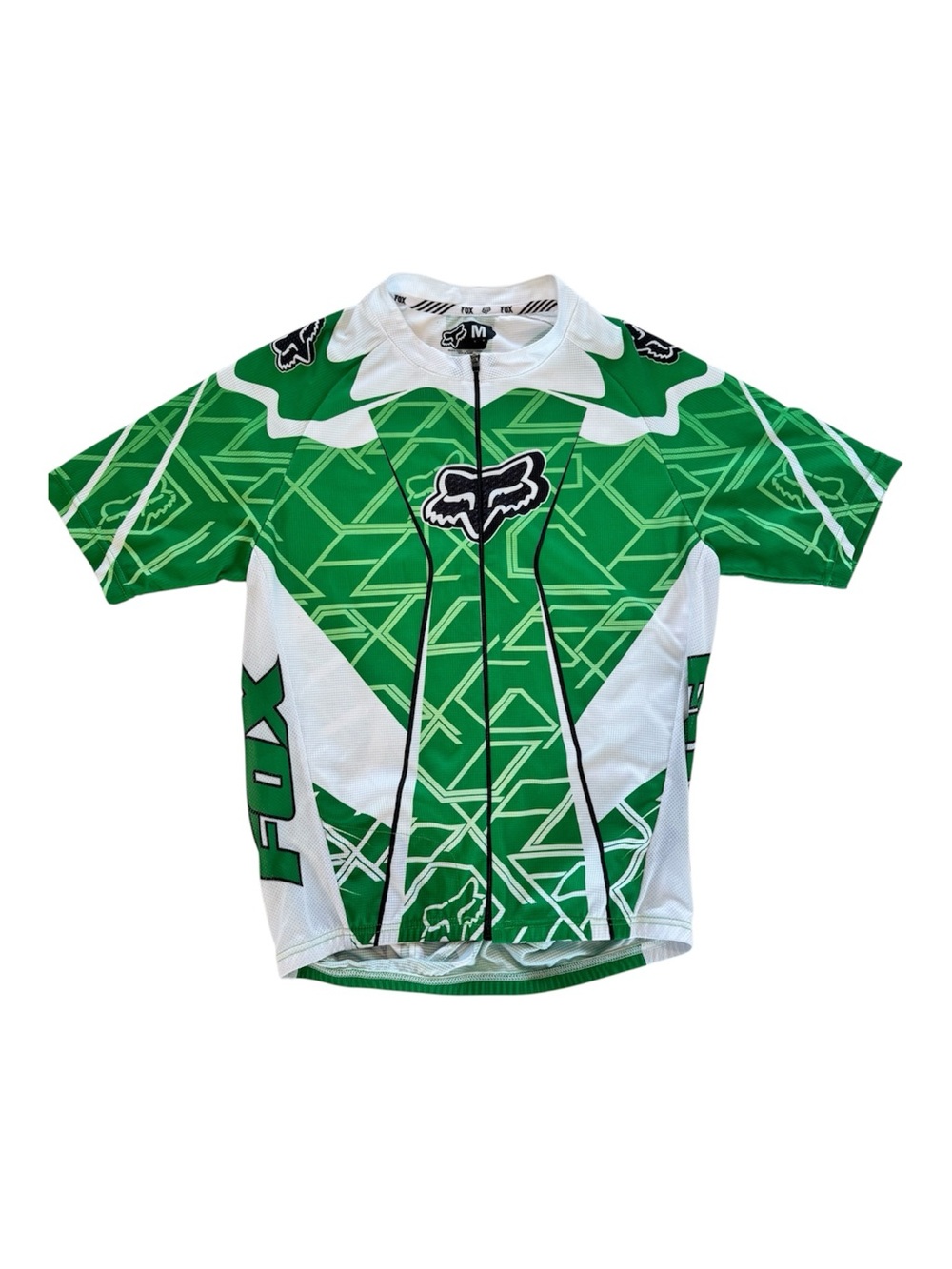 Fox Racing Cycling Jersey M White Green Full Zip Short Sleeve Pockets *Flaw-Read